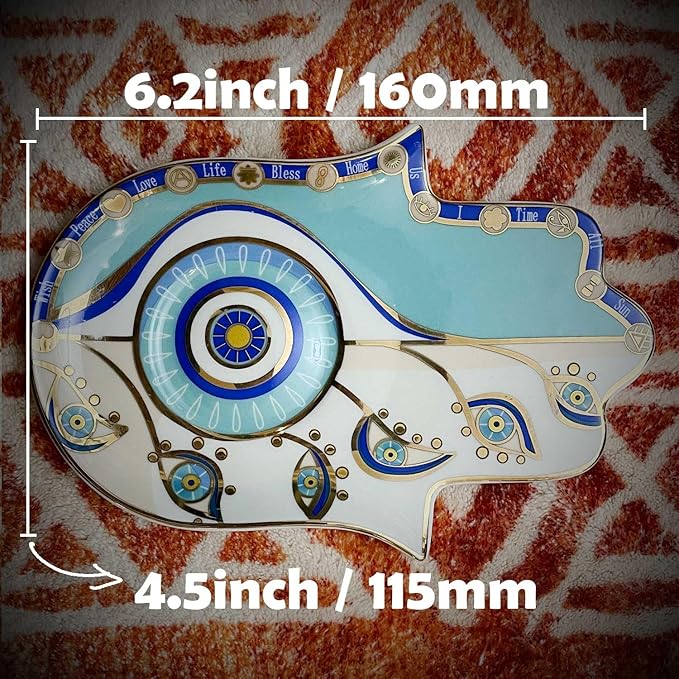 Exquisite Small Ceramic Jewelry Tray - Trinket Dish Evil Eye Decor, Gold Plate Ring Holder, Modern Boho Home Essentials, Perfume Organizer, Witchy, Aesthetic Room Decor (Blue Hamsa)