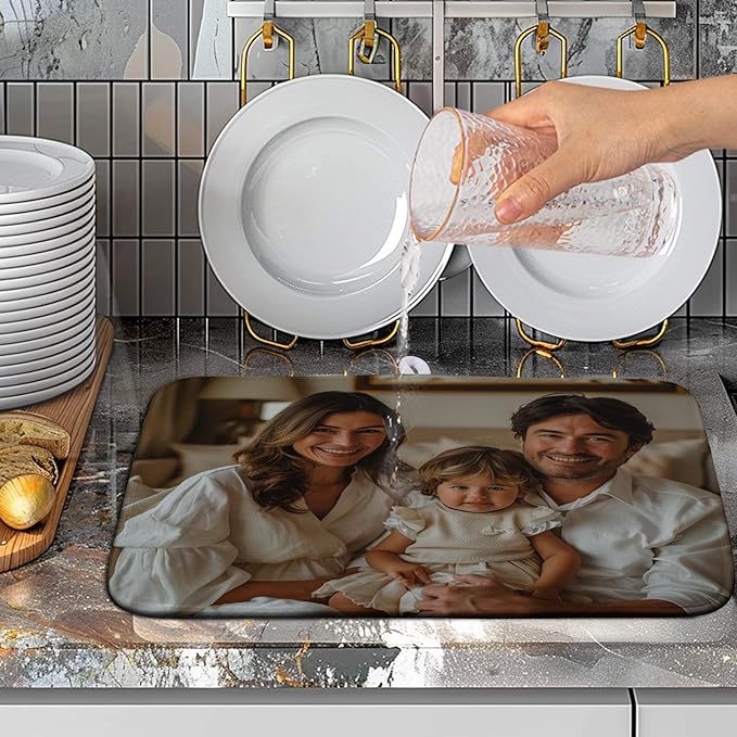 Custom Drying Mat with Picture Text Personalized Photo Dish Drying Mats for Kitchen Counter 16x18 Inch Customized Image Kitchen Accessories Microfiber Absorbent Dish Drying Pad