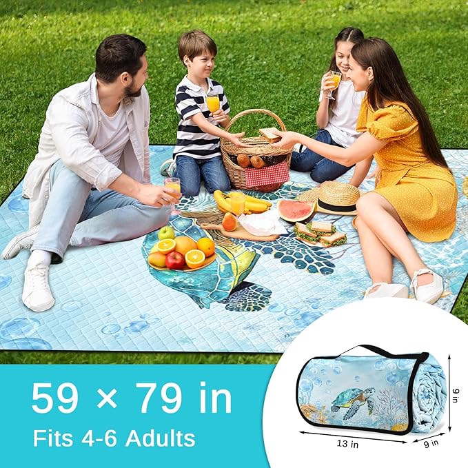 Waterproof Picnic Outdoor Blanket, 79" x 59" Sandproof Foldable Large Picnic Blanket for Beach, Camping, Park, Travel, Concert, Great Gift for Families and Couples (Blue Cute Turtle)