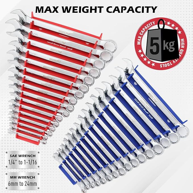 2-Pack Magnetic Wrench Organizer, 32-Slot Premium Wrench Rack Holder Tool Trays for Toolboxes Drawer Storage, SAE (1/4" - 1-1/16") & Metric (6mm - 24mm)