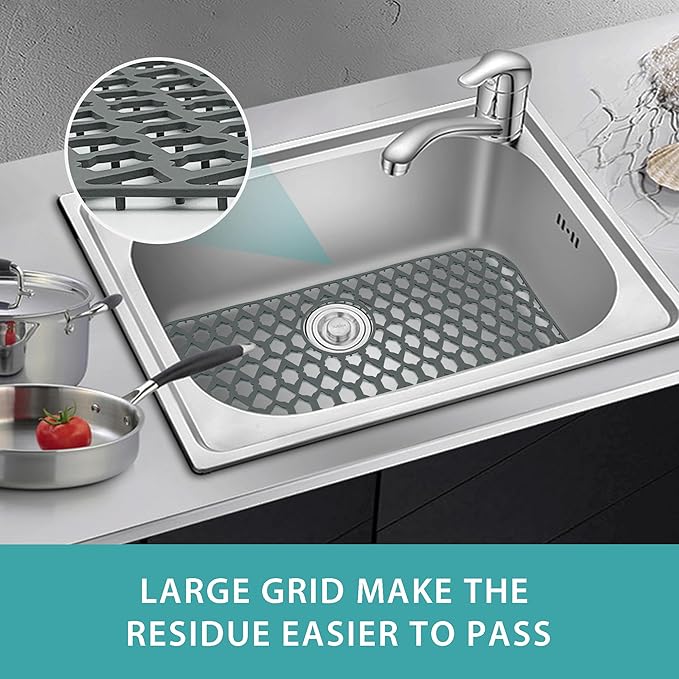 Sink Protectors for Kitchen Sink, Kitchen Sink Accessory - Silicone Mats Grid for Stainless Steel Strainer Bottom of Farmhouse Porcelain sinks (30”x16”, Rear Drain)