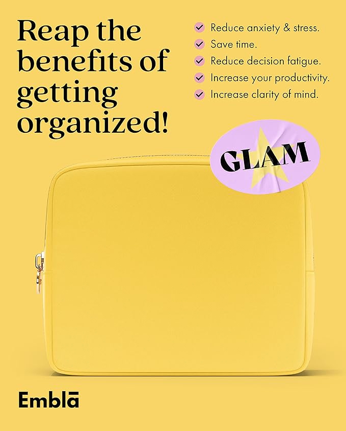 Embla Makeup Bag Travel Cosmetics Pouch and Toiletry Bag, Nylon Zipper Pouch Purse, Cute Make Up Organizer Storage Tote for Women Girls, Waterproof Travel Skincare Case, Large Makeup Bags, Lemon