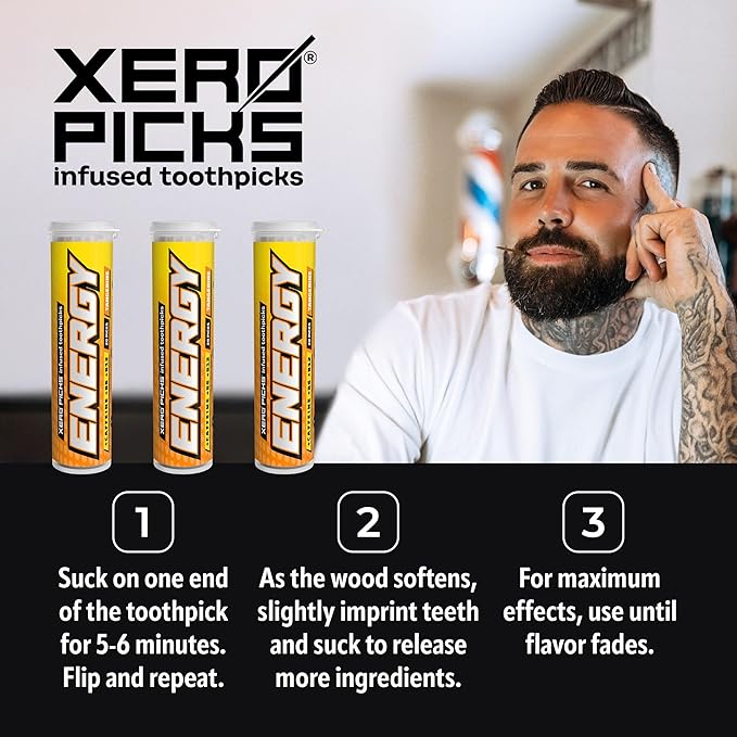 Xero Picks Energy Caffeine Flavored Toothpicks B12 for Focus & B6, 60 Picks (Pack of 3) (Tangerine) Sugar-Free Alternative to Energy Mints & Gum - Kosher