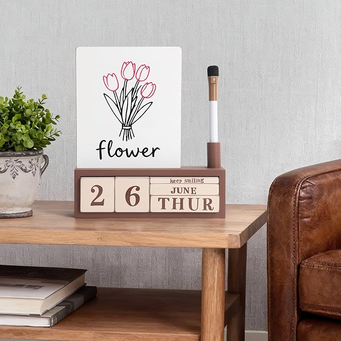 SELEAD Wooden Block Desk Calendar with Dry Erase White Board - Daily Desktop Perpetual Calendar Words Sign Quotes for Home Office Classroom Decor, Teachers Students - Brown