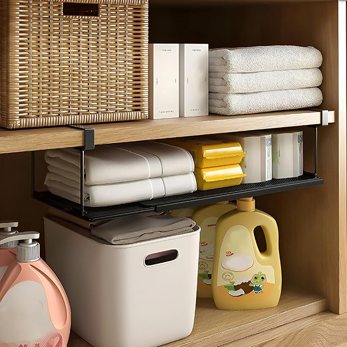 1 Pack Expandable Under Cabinet Shelf, Under Shelf Basket with 0.94 Inches Thick Clips for Kitchen Cupboard, Metal Hanging Under Desk Basket for Laundry Room, Cabinet, Shoe Rack