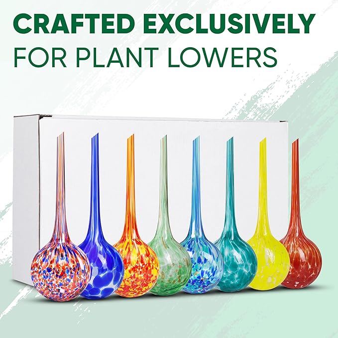 Mission Gallery Plant Watering Globes Set of 8 - Large Self Watering Globes for Indoor & Outdoor Plants - Multicolored, Automatic, Glass Watering Bulbs for Daily Use, Plant Watering Devices