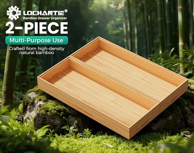 Bamboo Kitchen Drawer Organizer Boxes – 15" x 6" Stackable Wood Silverware Utensil Tray for Drawers Bins, Cutlery & Flatware Storage – Wooden Organizers Set of 2 for Junk Drawer, Bathroom, RV