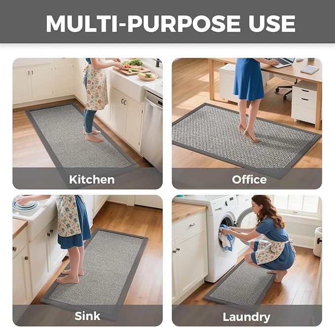 YDKGL Kitchen Rugs Mat Non Slip Washable, 0.4" Thick Anti Fatigue Cushioned Kitchen Mats for Floor, Absorbent Jute-Look Kitchen Runner Rug Sink Mat Laundry Standing Mats, Easy Clean, Gray 17"x47"