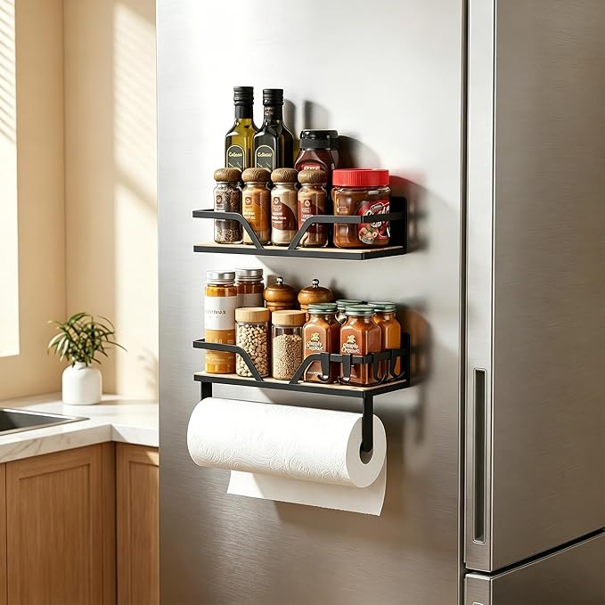 DELITON Magnetic Paper Towel Holder with Shelf - 2 Pack Wall Mount or Magnet Spice Rack for Kitchen Refrigerator RV