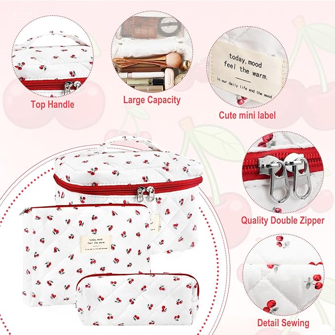 3Pc Cotton Quilted Makeup Bag for Women Extra Large Coquette Small Floral Travel Cosmetic Bag Set Cute Cherry Makeup Pouch Portable Toiletry Bag Organizer Vintage Puffy Essential Storage Bag