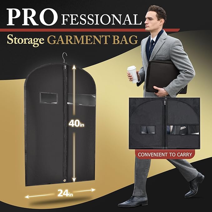 Hleelomi 5 Pack 40-inch Suit Bag Garment Bag for Travel and Storage, Garment Bags for Hanging Clothes with Zipper and Visible Transparent Window, Black