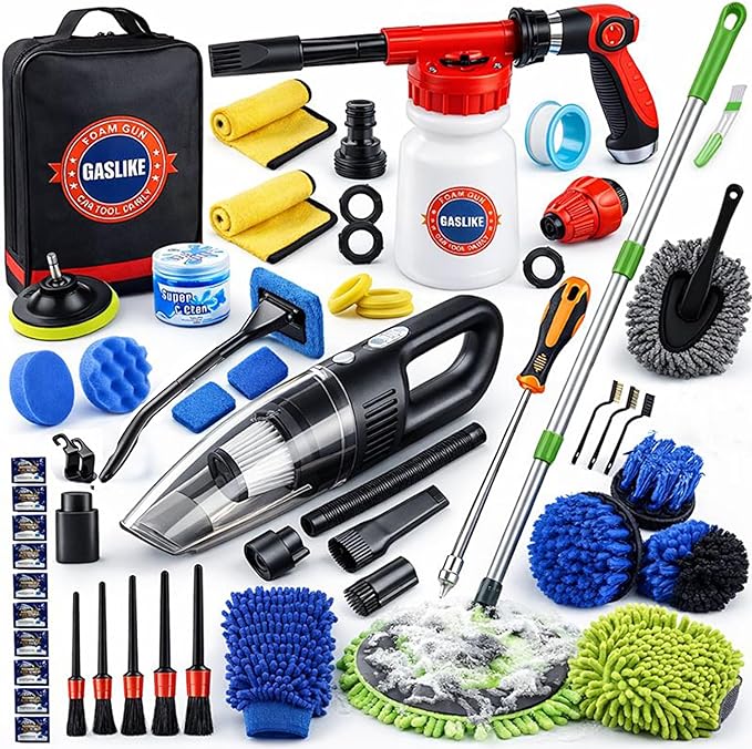 63PCS Car Wash Cleaning Kit,Car Wash Brush with Long Handle,Car Detailing Kit with Foam Gun,Car Cleaning Supplies,Handheld Vacuum, Car Detailing Kit (63PCS)