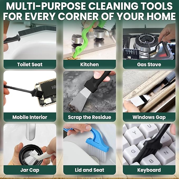 14 Pcs Crevice Cleaning Brush Set – Hard Bristle Cleaning Tools for Grout, Tile Floors, Gaps & Narrow Spaces – Multi-Purpose Grout Scrub Brush for Cleaning Bathroom, Shower, Window Tracks, Kitchen