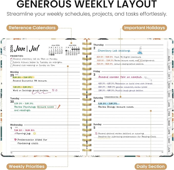 Planner 2026-2027, Academic Year Weekly and Monthly Calender Planner, from Jul 2026 - Jun 2027, Spiral Bound School Planning Book, Perfect for Teacher, Student, Women & Men, A4 (8.5" x 11"), Mushrooms Grove