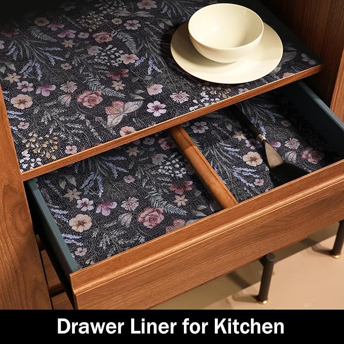 16IN x 10FT Butterfly Shelf and Drawer Liner for Kitchen Cabinets, Non-Adhesive and Strong Non-Slip Floral Shelf Cabinet Drawer Liners for Kitchen, Waterproof Cupboard Liners,Easy to Clean
