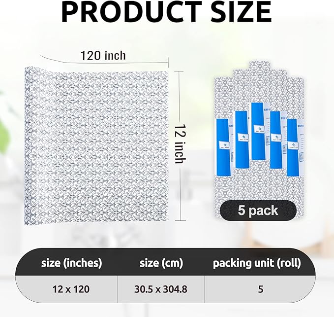 RAY STAR 12X120 Inch Shelf Liner for Kitchen Cabinets, Non-Adhesive Cabinet Liner Washable, PVC Drawer Liner for Dresser Non-Slip Bathroom (Black Floral)(5 Roll)