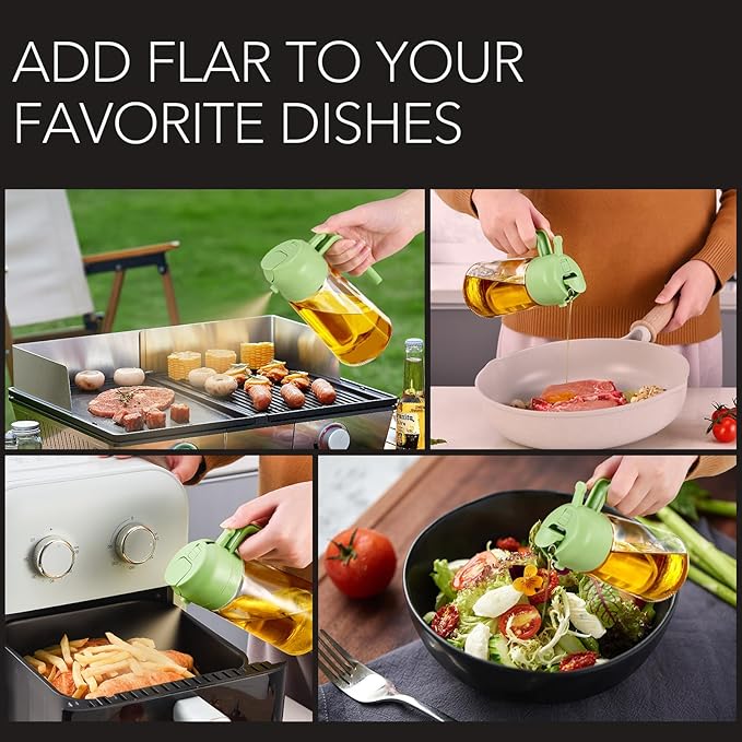 YARRAMATE 16oz/470ml Glass Olive Oil Sprayer for Cooking with Stickers, 2 in 1 Oil Dispenser for Kitchen Gadgets, Food Grade Premium Spray Bottle with Portion Control for Salad, Frying, BBQ (Green)