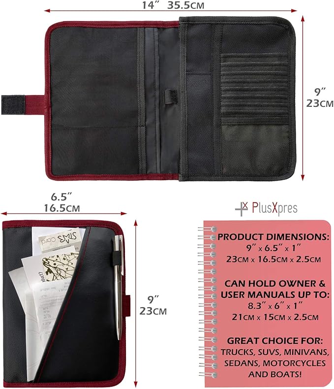 Glove Box Compartment Organizer - Car Document Holder - Owner Manual Case Pouch - Vehicle Storage Wallet for Registration & Insurance Card - Premium Auto Paperwork Holder - Log Book included - Red