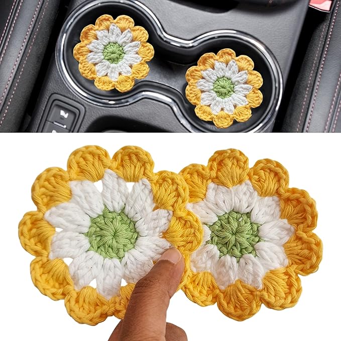 Cotton Car Coasters 2pc Car Cup Coasters Cute car Accessories for Women car Coaster for Cup Holders (Golden Daisy)