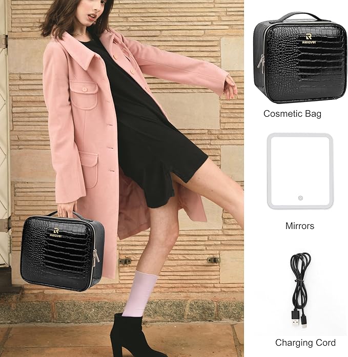 Relavel Makeup Train Case With LED Mirror, Professional Travel Cosmetic Bag with Removable Partitions, Compact Makeup Organizer, Waterproof Toiletry Case for Women, Black