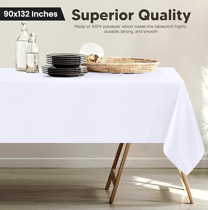 Utopia Kitchen Rectangle Table Cloth 1 Pack(90x132 Inches, White), Tablecloth Machine Washable, Polyester Table Cover for Dining, Buffet Parties, Picnics, Events, Weddings and Restaurants