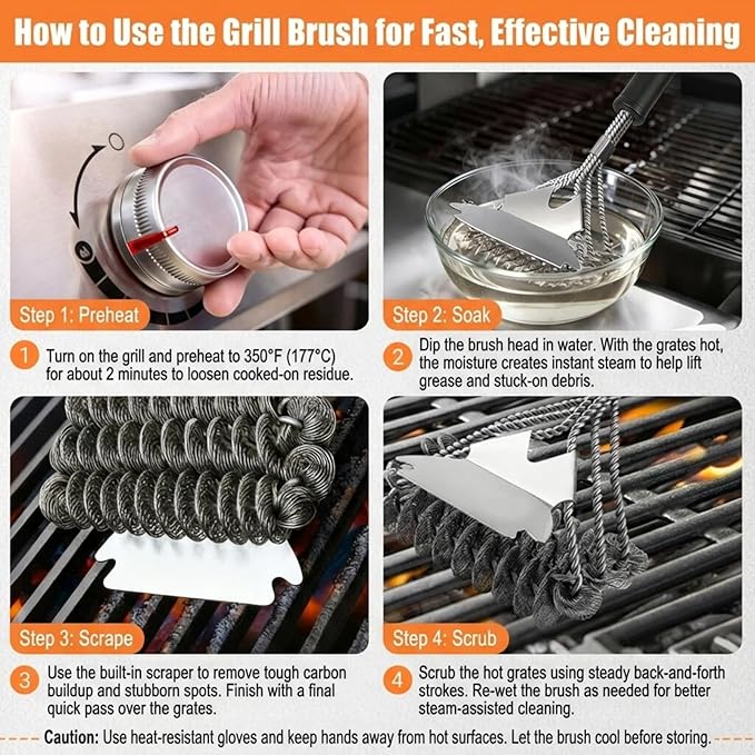 Bristle-Free Grill Brush with Scraper - Reinforced Coil Grill Cleaning Brush, Long Handle Safe BBQ Cleaner for Gas and Charcoal Grates