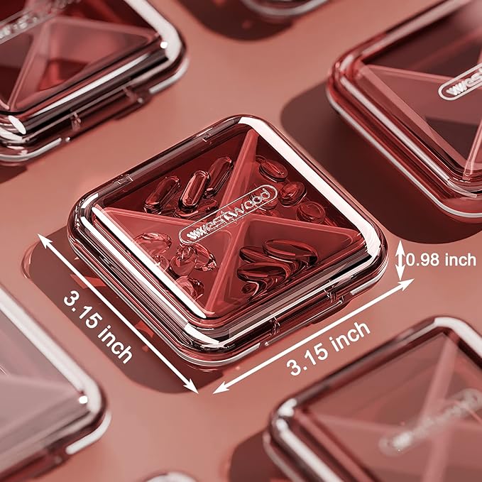 DUBSTAR Daily Pill Organizer,4 Compartments Portable Travel Small Pill Case, Pill Box for Purse Pocket to Hold Vitamins,Cod Liver Oil,Supplements and Medication (Red)