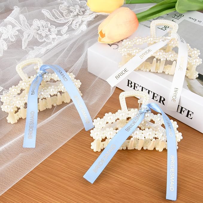 DEEKA Bridesmaid Proposal Gifts 8 Pack Pearl Bridesmaid Hair Claw Clips with Ribbon 3 Inch Hair Clips Bachelorette Party Favors Bridal Party Present Hair Accessories (Half Circle White&Blue)