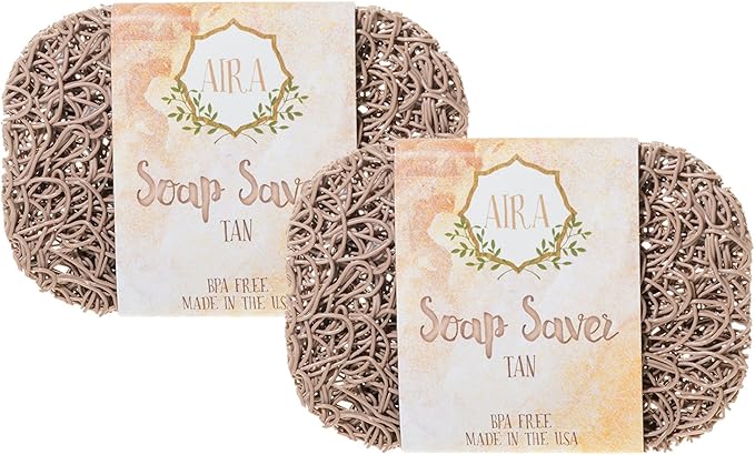 Aira Soap Saver - Soap Dish & Holder - BPA Free Shower & Bath Accessory - Drains Water, Circulates Air - Easy to Clean, Fits All Sets - Tan Double Pack