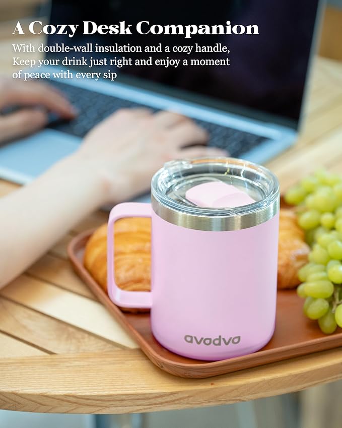 12oz Insulated Coffee Mug with Lid – Includes Two Lids, Stainless Steel Coffee Travel Mug with Handle, Double Wall Vacuum Insulated Camping Mug for Home, Office & Outdoor, Pink