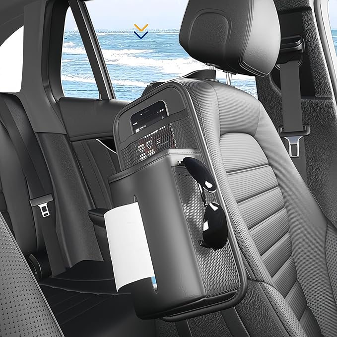 Tumecos Car Storage Organizer for Front and Back Seat,Rectangle Car Tissue Box Holder,Side Mount Hanging Bags with 3 Mesh Pockets,Waterproof Consoles Organizers,Napkin Cover