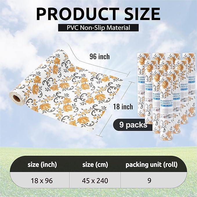 FIFTY FEET 18X96 Inch Shelf Liner for Kitchen Cabinets, PVC Drawer Liner for Dresser Non-Slip Bathroom, Non-Adhesive Cabinet Liner Washable (Yellow Floral)(10 Roll)