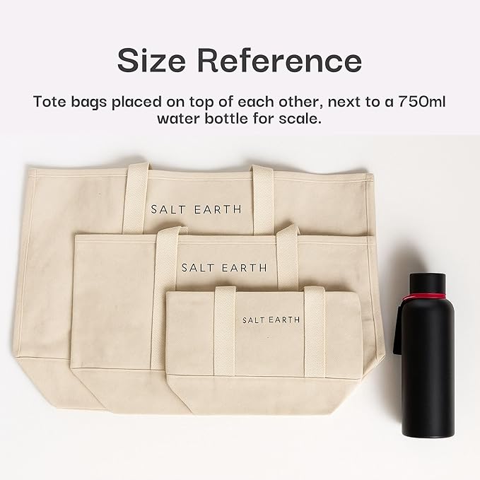 Salt Earth Canvas Tote Bags for Women – Pack of 3 (Large, Medium, Mini), 100% Cotton Multipurpose Unique Reusable Tote Bag Set for Shopping, Work, Travel, Beach, DIY & Christmas Gifts
