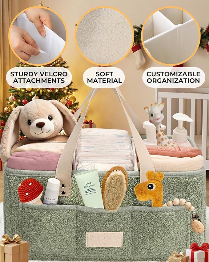 Baby Diaper Caddy Organizer with Portable Changing Mat - Teddy Fleece Diaper Organizer for Changing Table - Basket for Changing Essentials - Baby Essentials Organizer with Removable Dividers