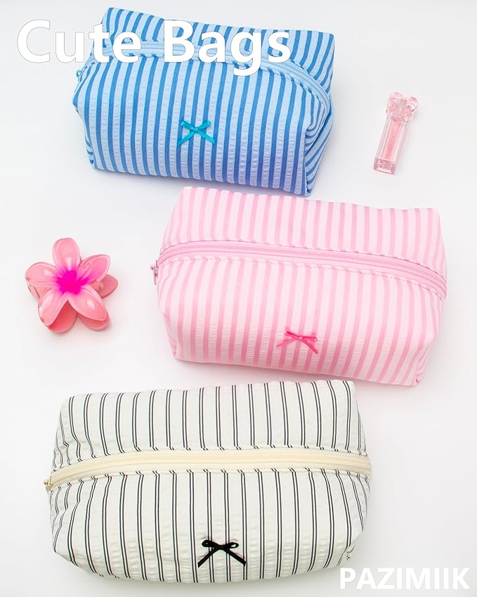 6PCS Cozy Makeup Bag Small Aesthetic Travel Zipper Cosmetic Pouch for Women Make Up Beauty Accessories Brushes, Stripe Cute Pink
