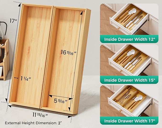 Long Bamboo Kitchen Drawer Organizer Boxes – 17" x 6" Stackable Wood Silverware Utensil Tray for Drawers Bins Cutlery & Flatware Storage – Wooden Organizers Set of 2 for Junk Drawer, Bathroom, Rv