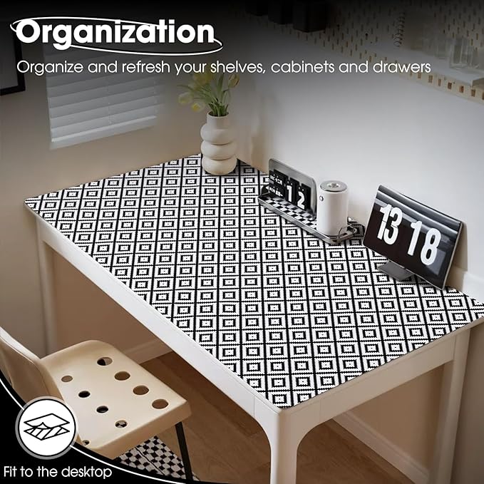 Drawer and Shelf Liner, Non-Slip Kitchen Cabinet Liners Non-Adhesive Thick Strong Grip Waterproof Washable Mats Protect Dresser Shelves Cupboard Bathroom Cabinets, Black & White, 12 in X 10 FT