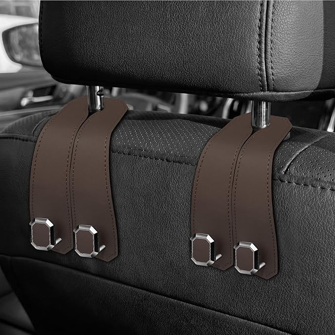CAFORLANK 2PCS Car Hooks for Headrest, Faux Leather Purse Hook for Car Seat Back Organizers and Storage, Double Metal Purse Holder Bag Hanger, Universal Car Interior Accessories for Women Man