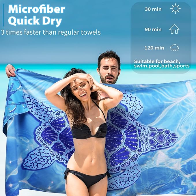 TwoYek Microfiber Thin Beach Towel Lightweight Oversized 71x32 Extra Large Sand Free Towels Quick Dry for Travel Pool Camping Sports Beach Accessories Vacation Essential Gift Turtle