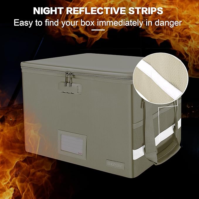 ENGPOW File Box with Lock, Fireproof Document Box with Zipper Lid, Collapsible File Storage Organizer Filing Cabinet with Handles, Portable Home Office Safe for Hanging Letter/Legal Folders, Beige, 2 Pack