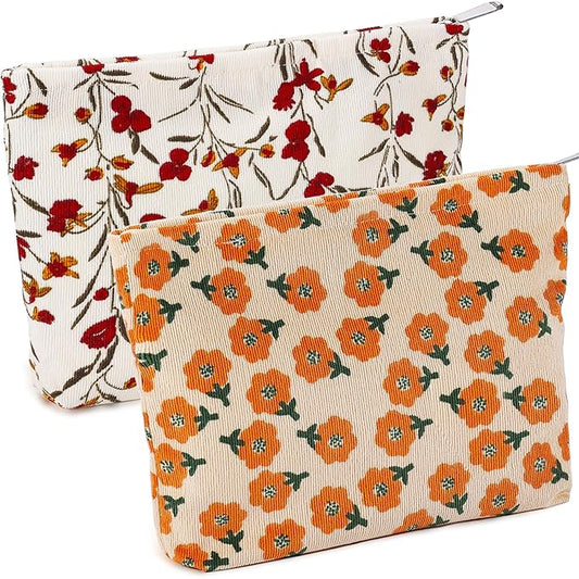 ZLFSRQ 2Pcs Daisy Flower Makeup Bag Travel Cute Cosmetic Bags for Women Large Floral Toiletry Pouch Zipper Cosmetic Pouch Set for Purse Aesthetic Corduroy Makeup Organizer Bag Portable Toiletry Bags
