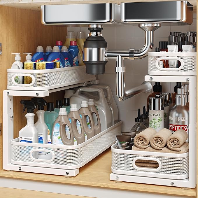 Biboraya 2 Pack 19.3IN-Depth Under Sink Organizer with Smooth Cylindrical Rail, 2-Tier Pull Out Multi-Purpose Cabinet Storage for Bathroom & Kitchen, Height Adjustable, Rust-Resistant Coating - White