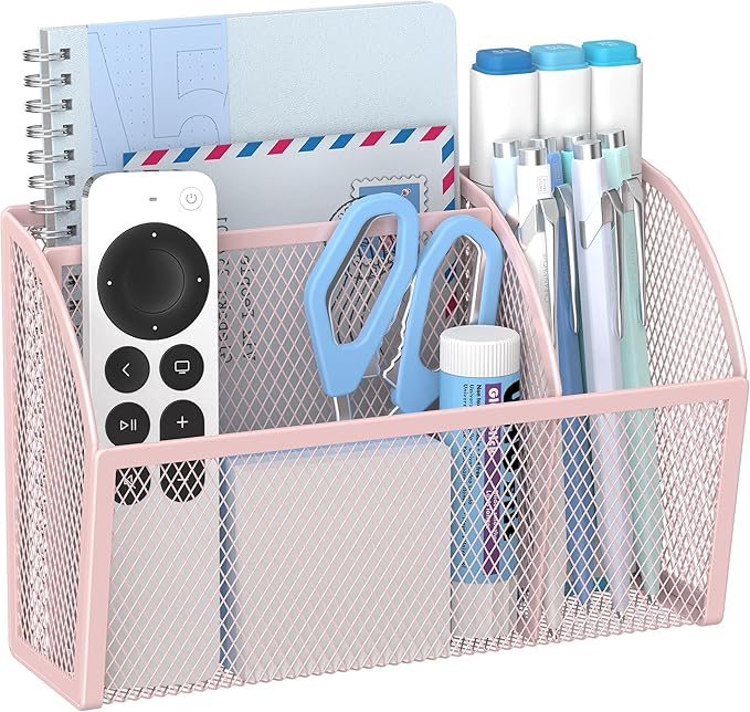 YINGHUA Strong Magnetic Pen Holder for Whiteboard and Refrigerator 3 Compartments Metal Mesh Organizer Space Saving Shelf for Office School Home and Locker - Pink