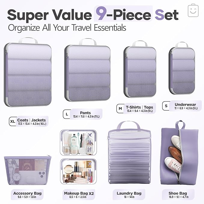 Veken 9/11 Set Compression Packing Cubes for Travel Essentials,Compressible Expandable Large Luggage Suitcase Organizer Bags for Clothing,Durable Space Saver Storage Bags(Purple Gray)