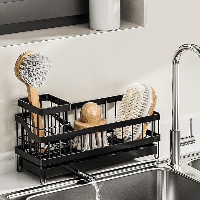 BGRQRIQ Large Sponge Holder for Sink, Stainless Steel Sink Caddy Organizer with Rotatable Spout - Kitchen Sink Organizer for Sponges, Brushes, Detergent & Sink Stopper - Space Saving Home Essentials
