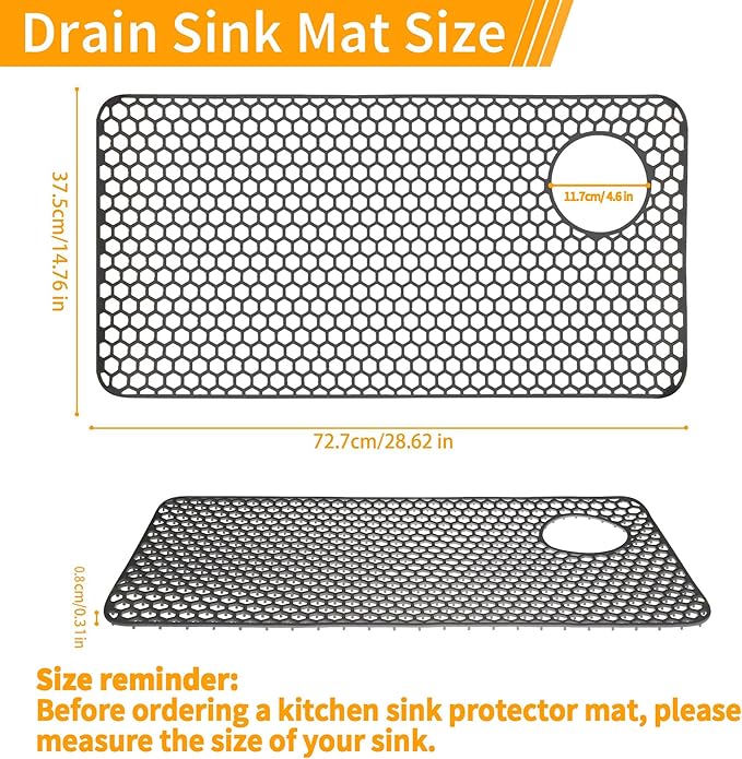 Silicone Sink Mat, 28.62"x 14.76" Heat-resistant Sink Protectors, Drying Mats for Kitchen of Bottom Farmhouse Porcelain Stainless Steel, Kitchen Accessory, Right & Left Drain（Grey）