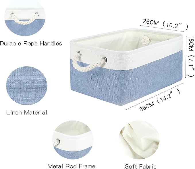 Storage Bins with Sturdy Cotton Handles(3 Pack), Fabric Storage Baskets for Organizing use for Office & Home, Book, Clothes, Toys, Closet Boxes (Medium, Blue-White, 14.2x10.2x7.1 inches)