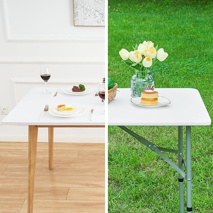 Fitted Rectangle Tablecloth 30 x 72 Inch Elastic Table Cloth for 6ft Table, Stretch Spandex Tables Cover White Washable Polyester Tables Top Cap Cover for Dining Picnic Camping Indoor and Outdoor