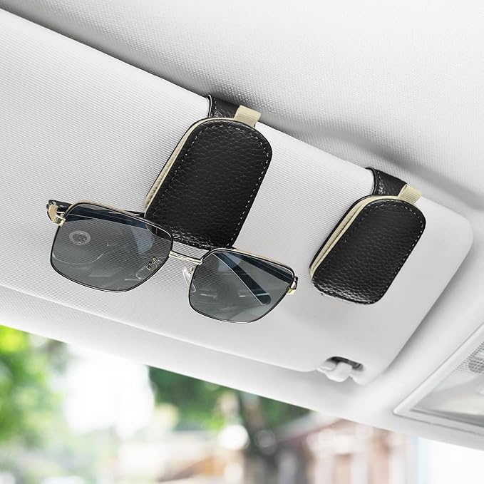 SINGARO Sunglasses Holder for Car, Leather Magnetic Buckle Sun Visor Sunglass Clip, Ticket Card Storage Glasses Clip, Car Interior Accessories for Men and Women（Black-Beige）