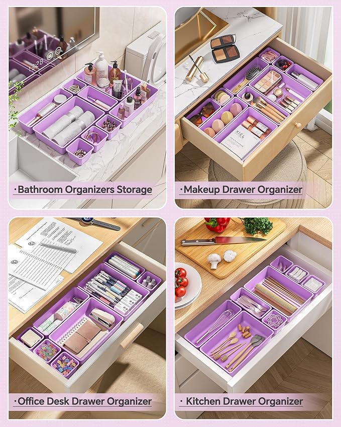 25 PCS Plastic Drawer Organizers Set, 4 Sizes Vanity Organizer, Makeup and Desk Drawer Organizer Trays, Organization and Storage for Makeup, Bathroom, Kitchen Utensils and Office (Purple)